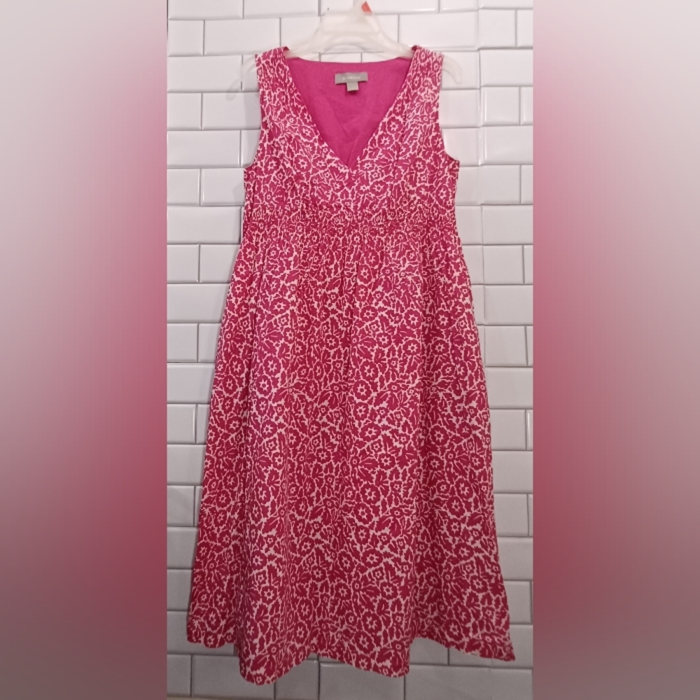 Liz Claiborne Sleeveless 100% Cotton Floral Sun Dress Pockets Lined Pink Sz.12